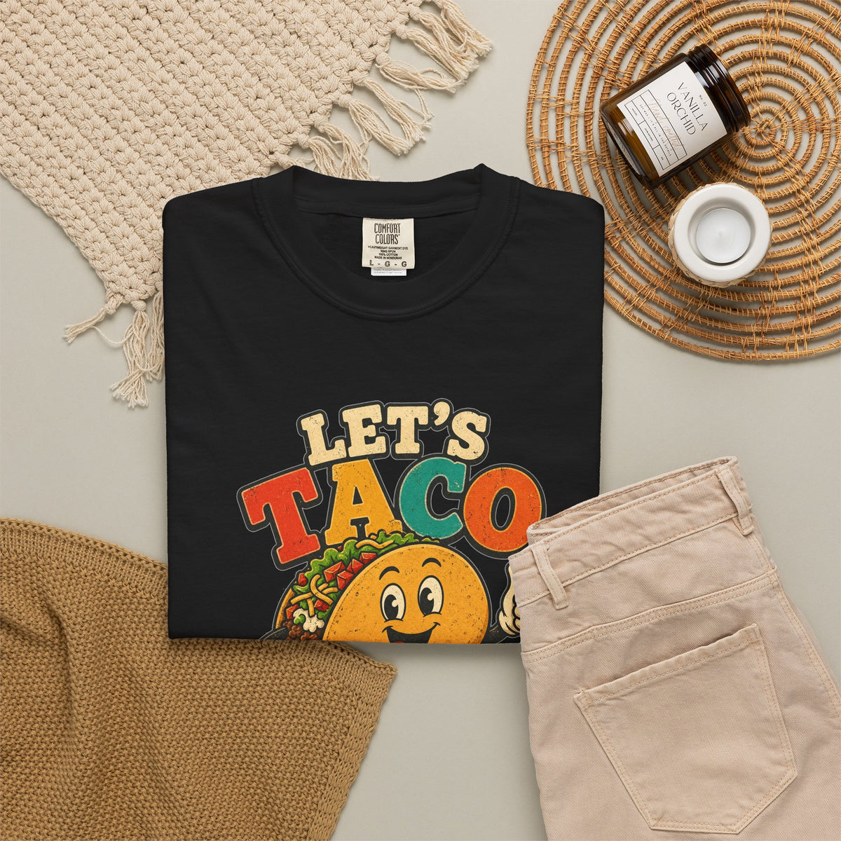 T-shirt rétro humour tacos « Let's Taco 'Bout It »