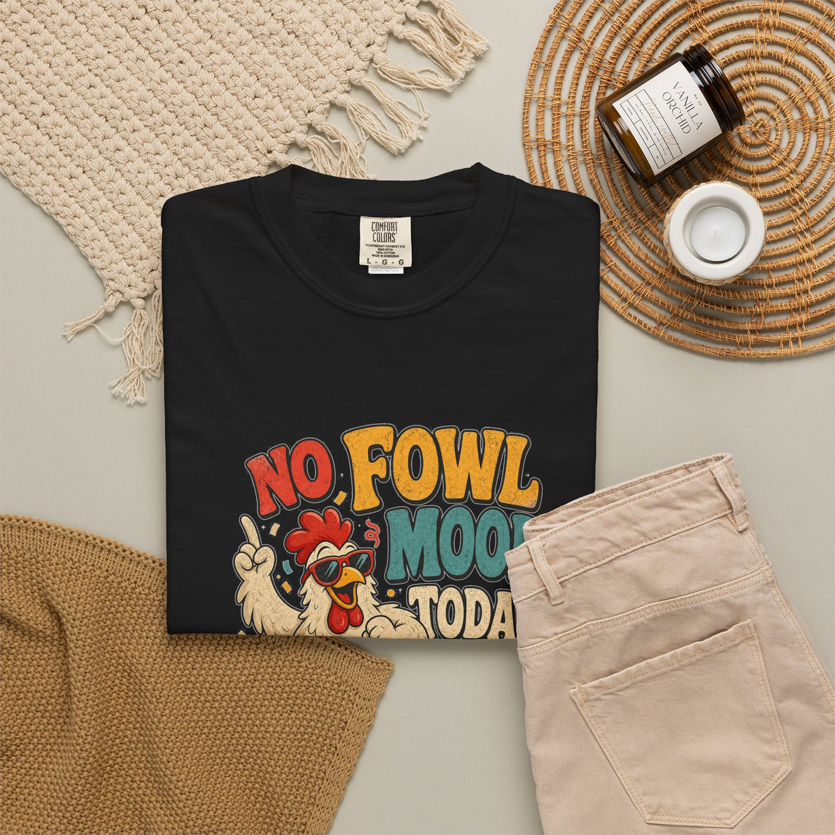 T-shirt rétro humour poulet « No Fowl Mood Today »