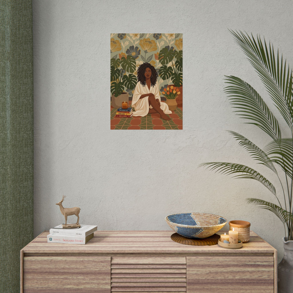 Affiche art mural « Femme aux monsteras et livres »
