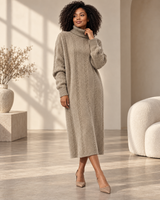Robe pull col montant beige en tricot, portée, vue de face