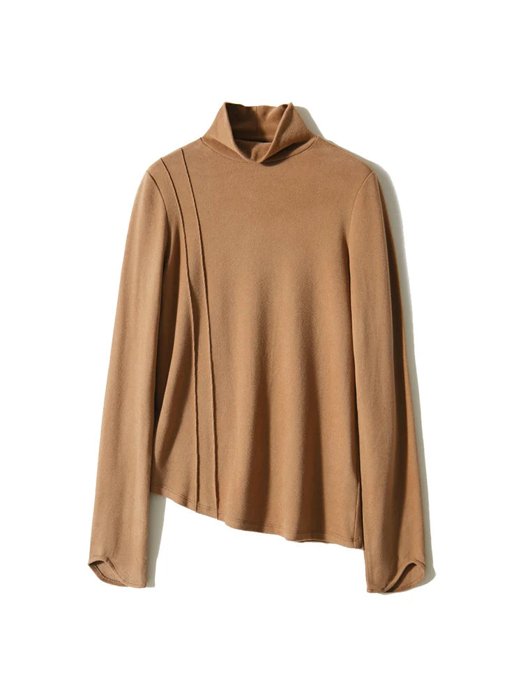 T-shirt thermique col montant camel, à plat, vue de face