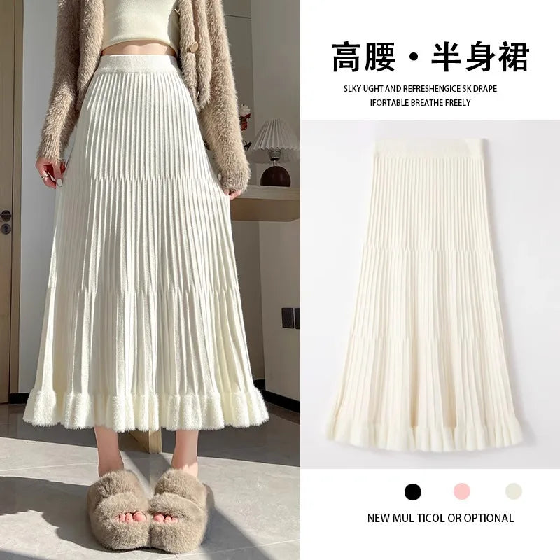 Jupe évasée en maille abricot plissée, portée et photo du produit