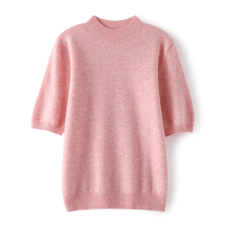 Pull en cachemire rose à col mi-montant, à plat, vue de face