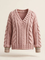 Pull tricot main en mérinos femme, rose