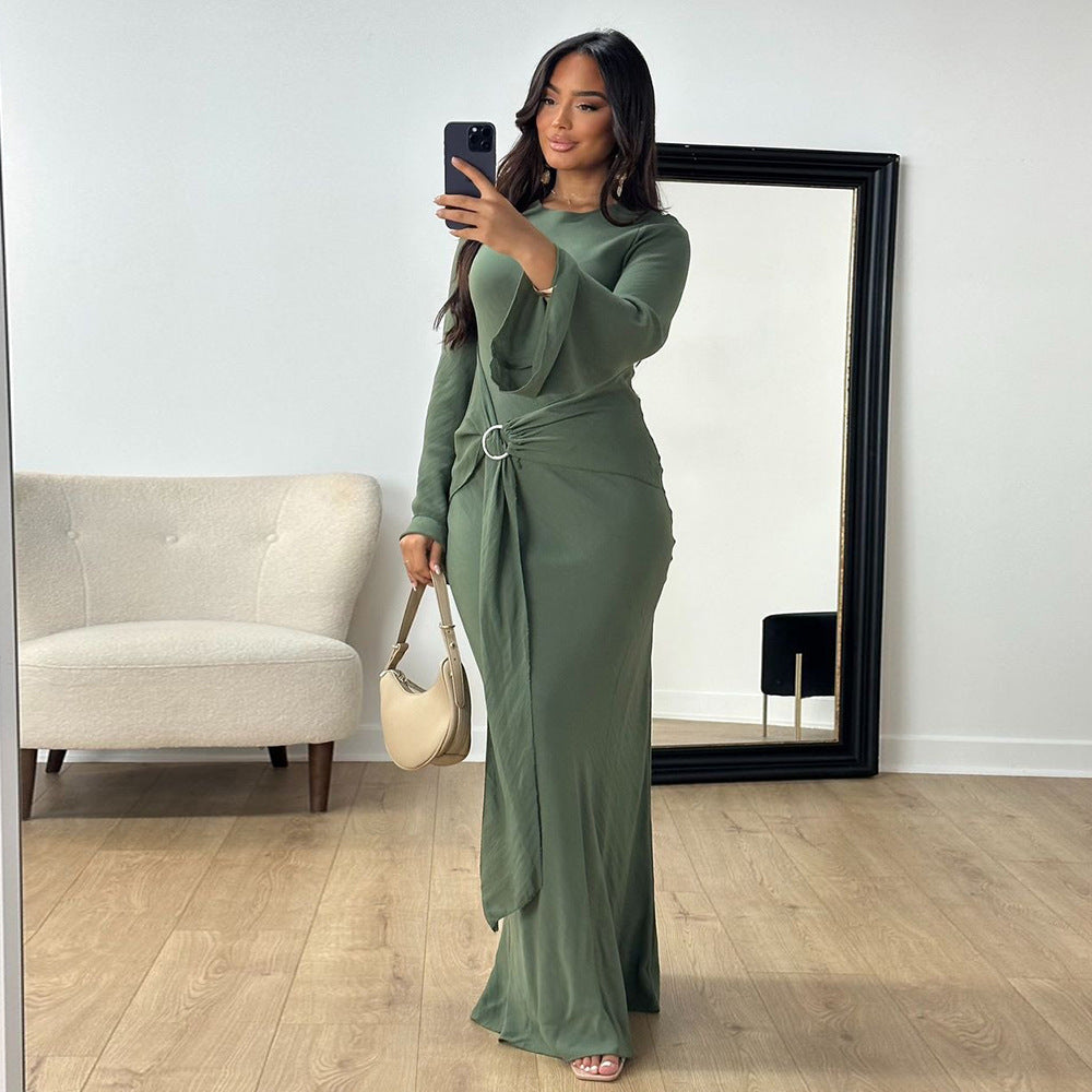 Robe longue col rond vert foncé, portée, selfie miroir