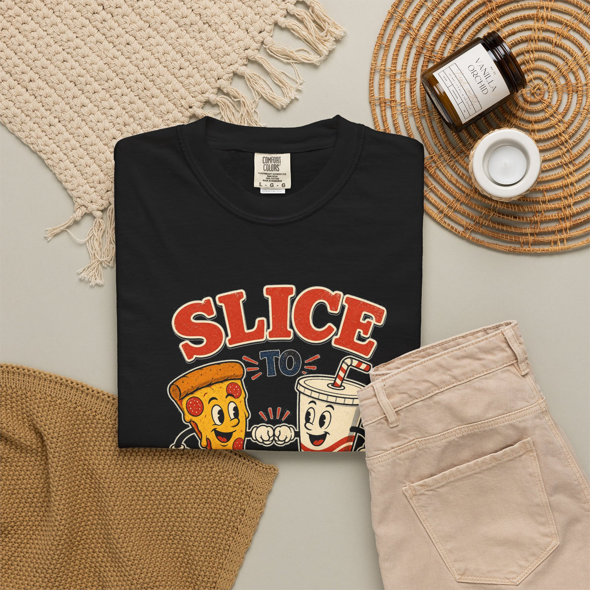 T-shirt rétro humour pizza « Slice to Meet You »