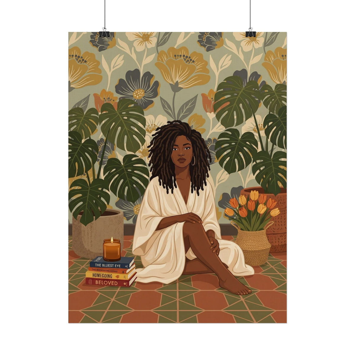 Affiche art mural « Femme aux monsteras et livres »