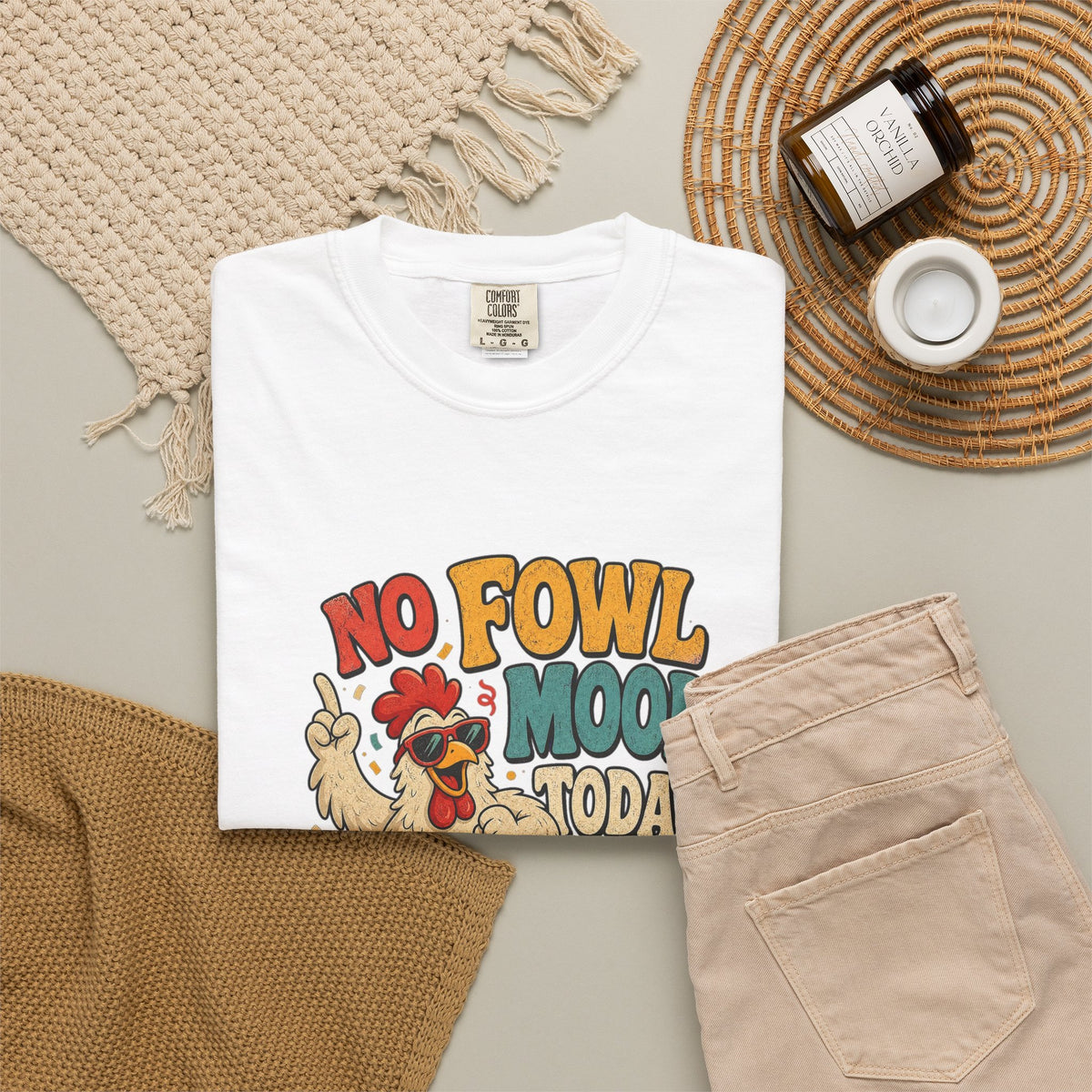 T-shirt rétro humour poulet « No Fowl Mood Today »