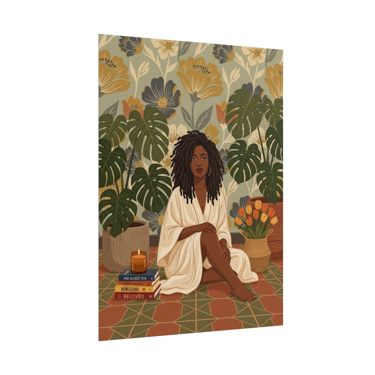 Affiche art mural « Femme aux monsteras et livres »