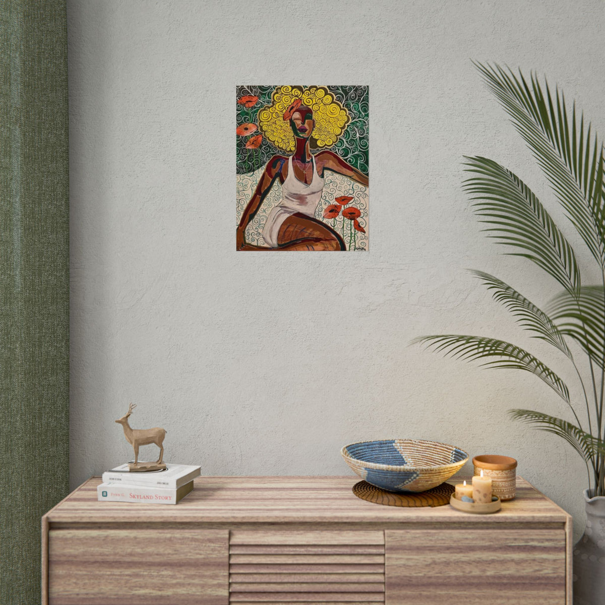 Affiche art mural « Portrait de femme aux boucles dorées et coquelicots »