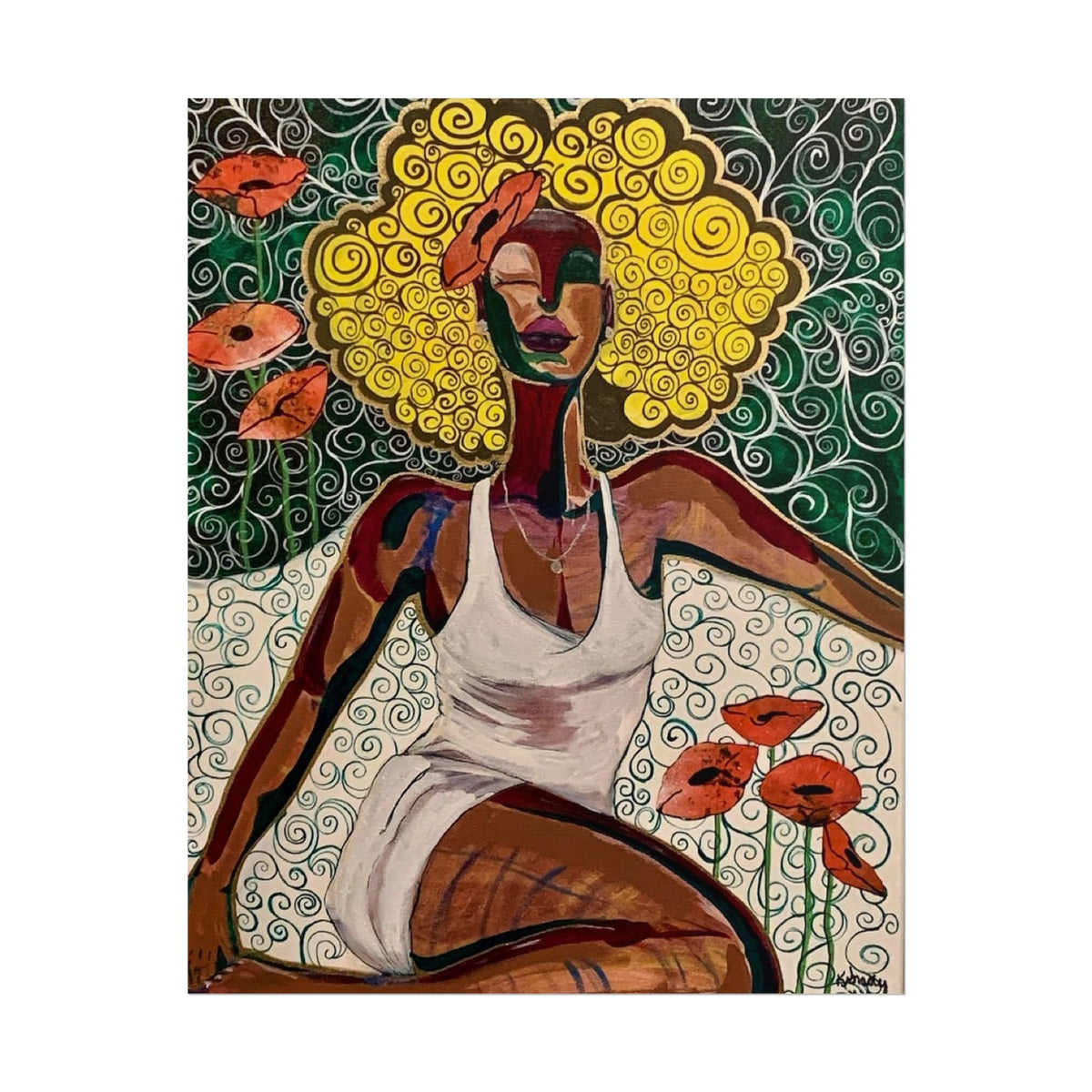 Affiche « Portrait de femme aux boucles dorées et coquelicots »