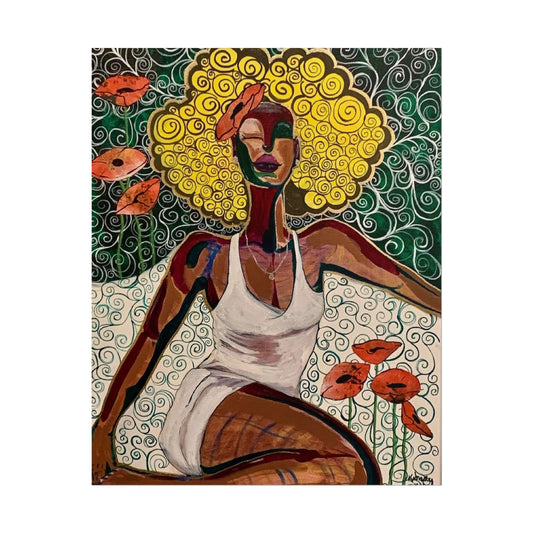 Affiche « Portrait de femme aux boucles dorées et coquelicots »