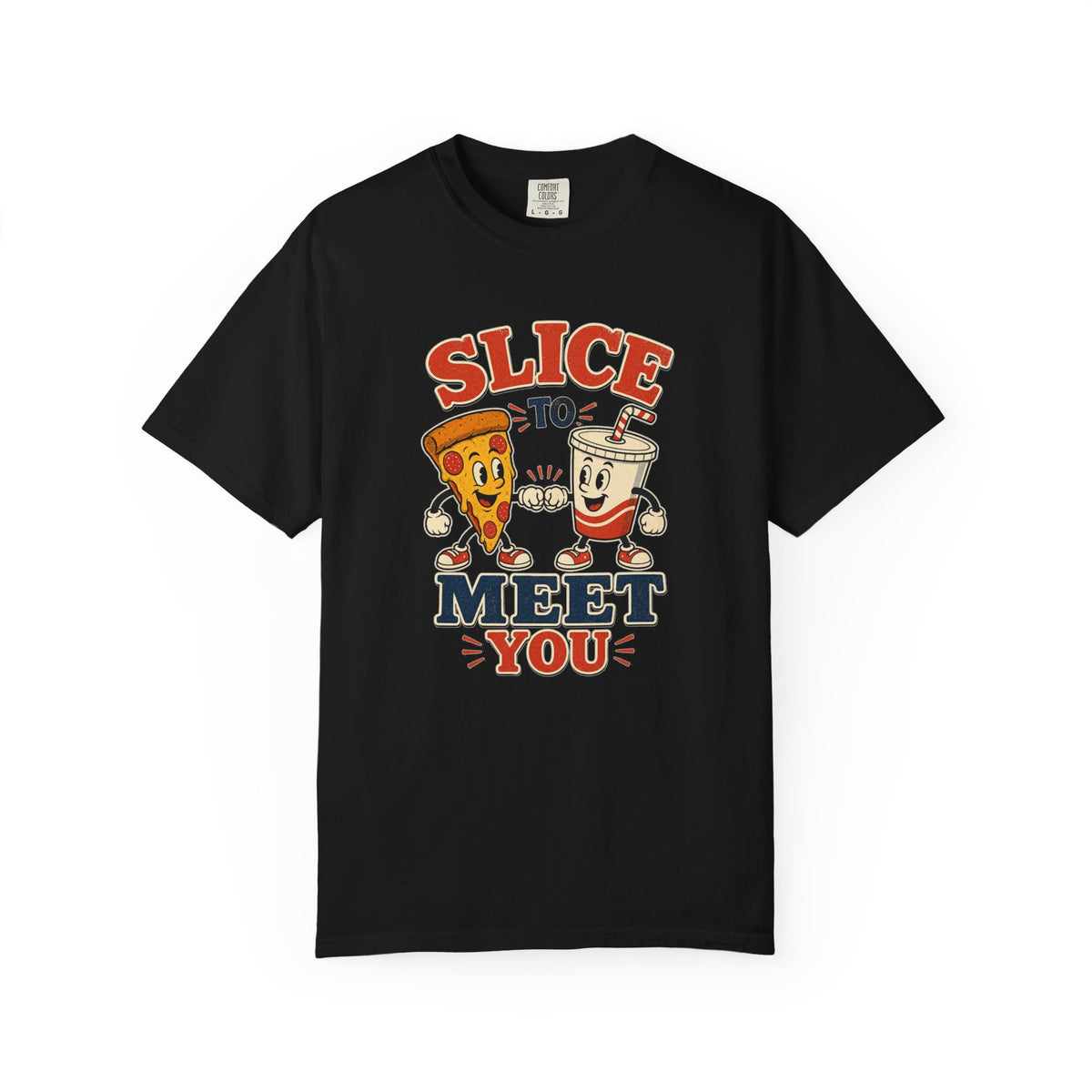 T-shirt rétro humour pizza « Slice to Meet You »