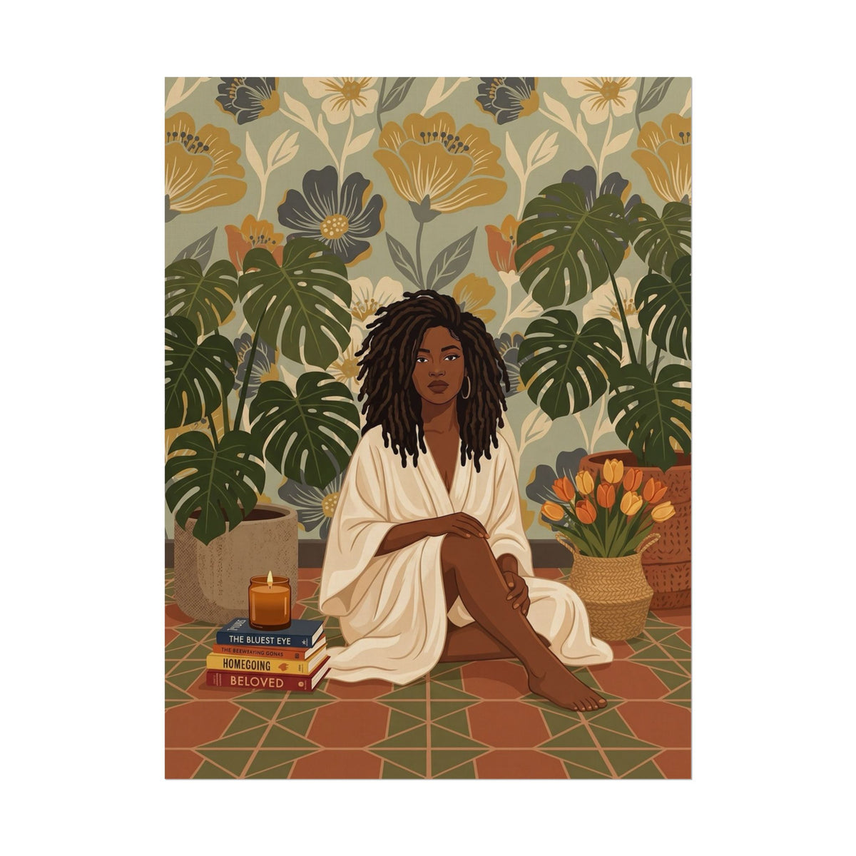 Affiche « Femme aux monsteras et livres »