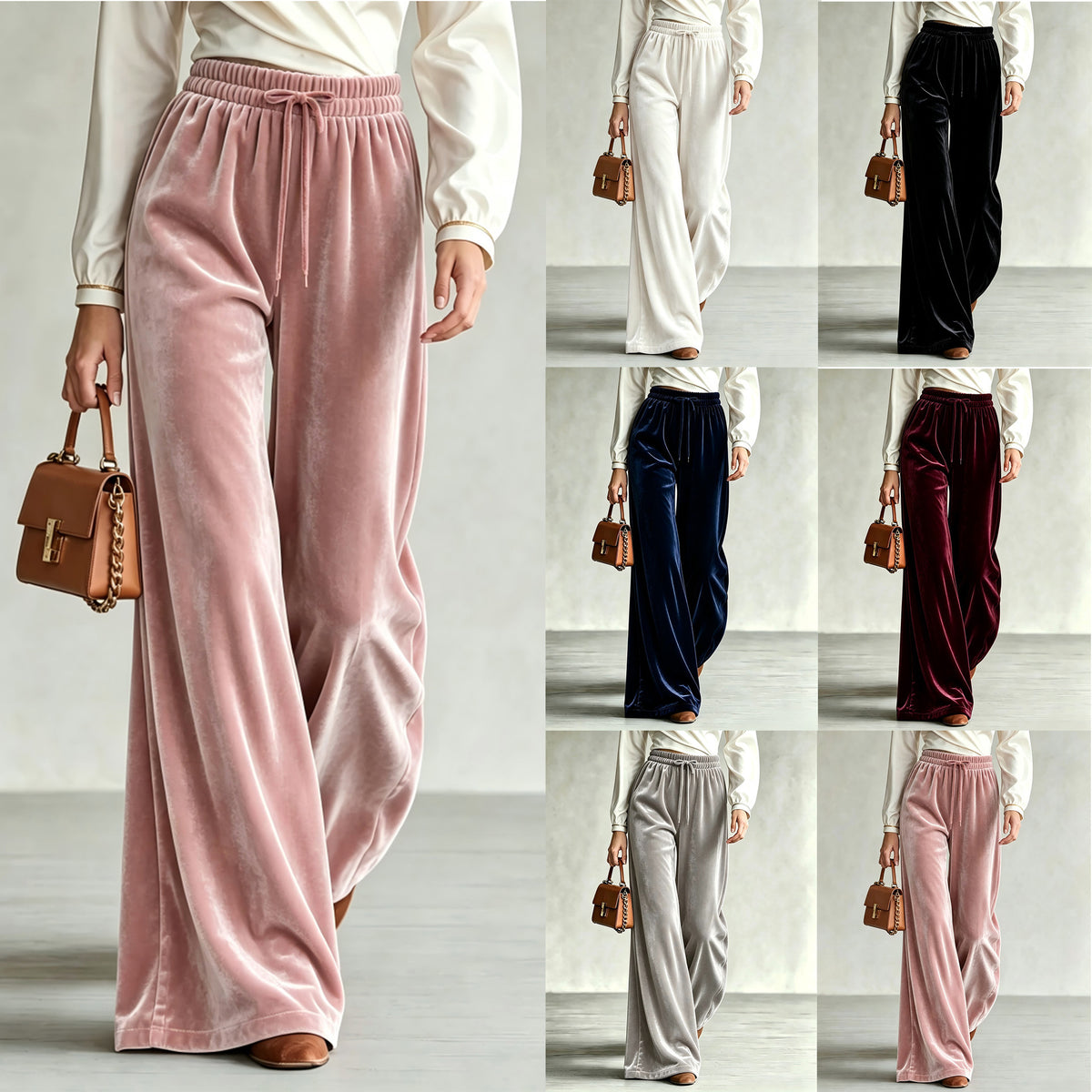 Pantalon taille haute, les six coloris portés, jambe large
