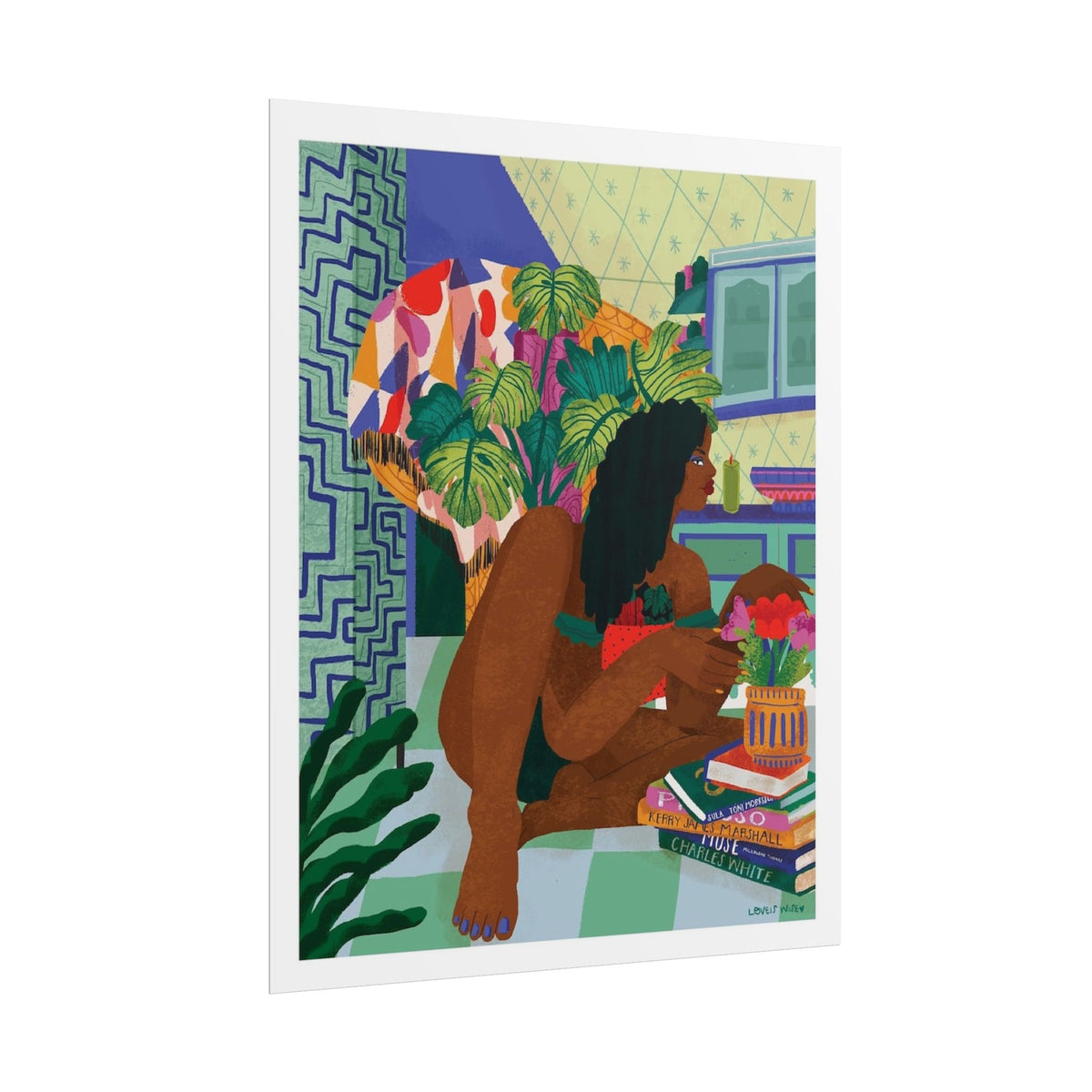 Affiche art mural « Femme aux livres, intérieur »