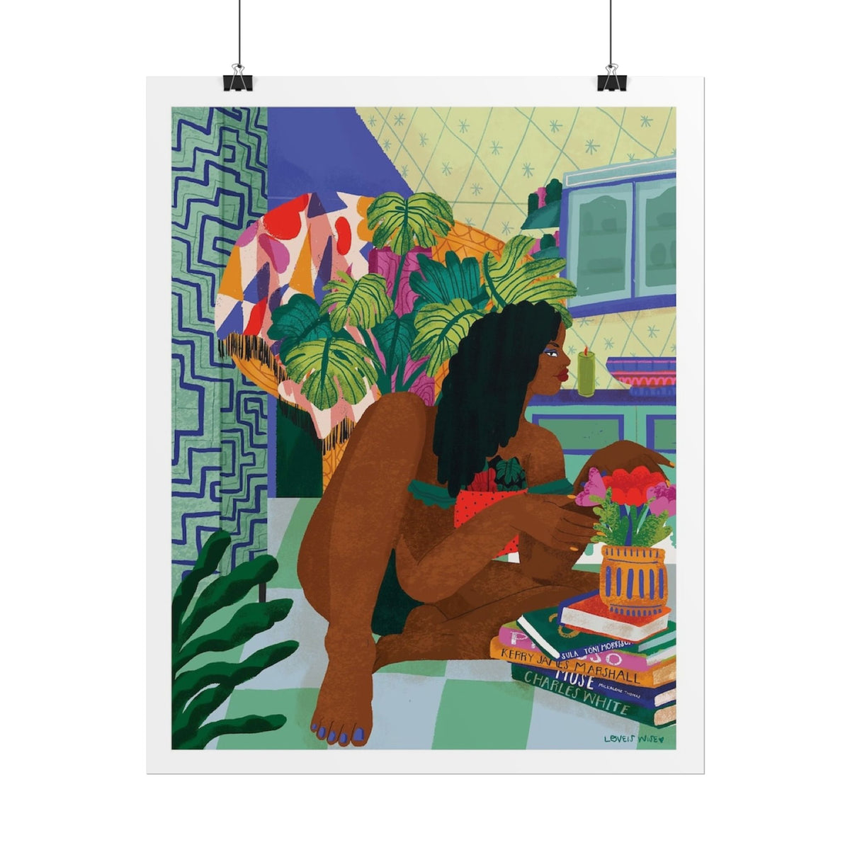 Affiche art mural « Femme aux livres, intérieur »