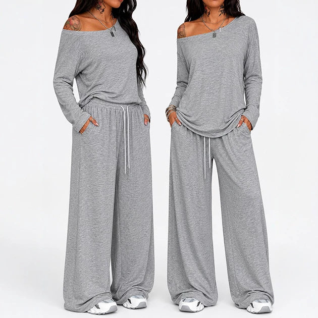 Ensemble t-shirt et pantalon large gris clair, porté, double vue sur fond blanc, vue de face