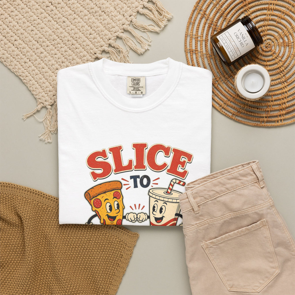 T-shirt rétro humour pizza « Slice to Meet You »