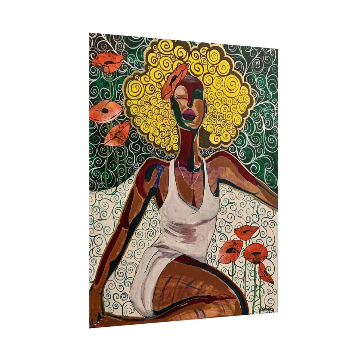 Affiche art mural « Portrait de femme aux boucles dorées et coquelicots »