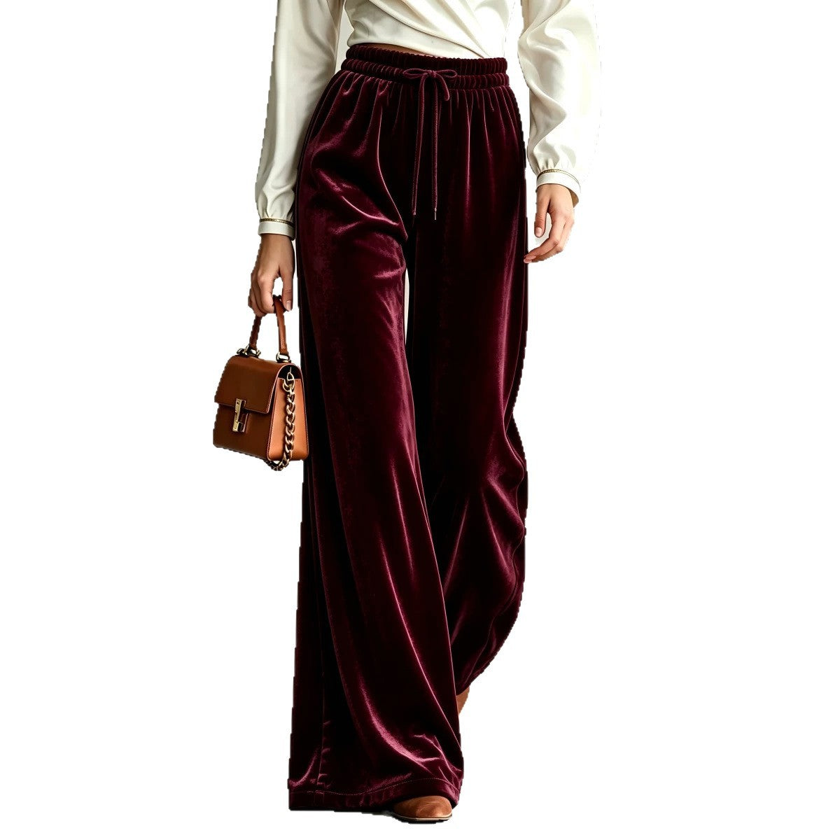 Pantalon taille haute bordeaux, jambe large avec cordon, porté