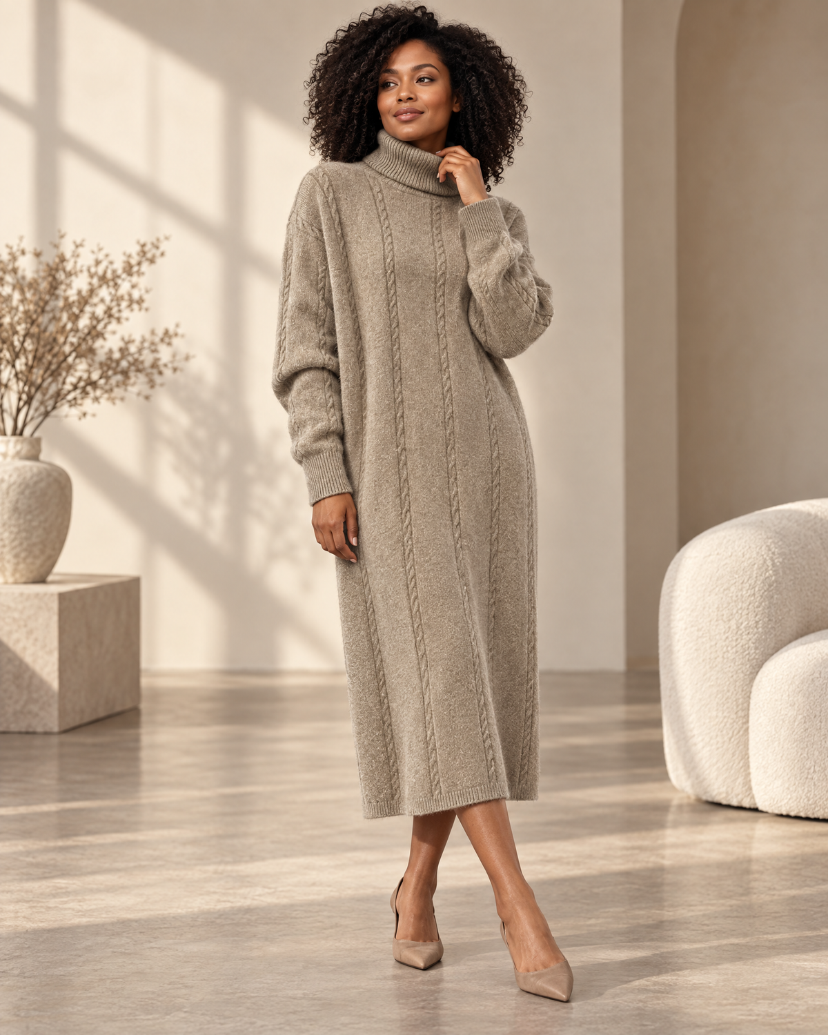 Robe pull col montant beige en tricot, portée, vue de face