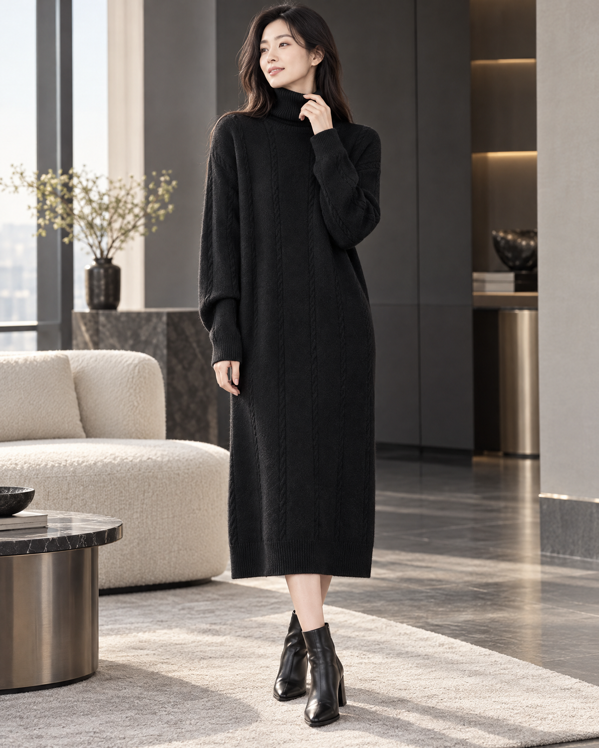 Robe pull col montant noire en tricot, portée, vue de face