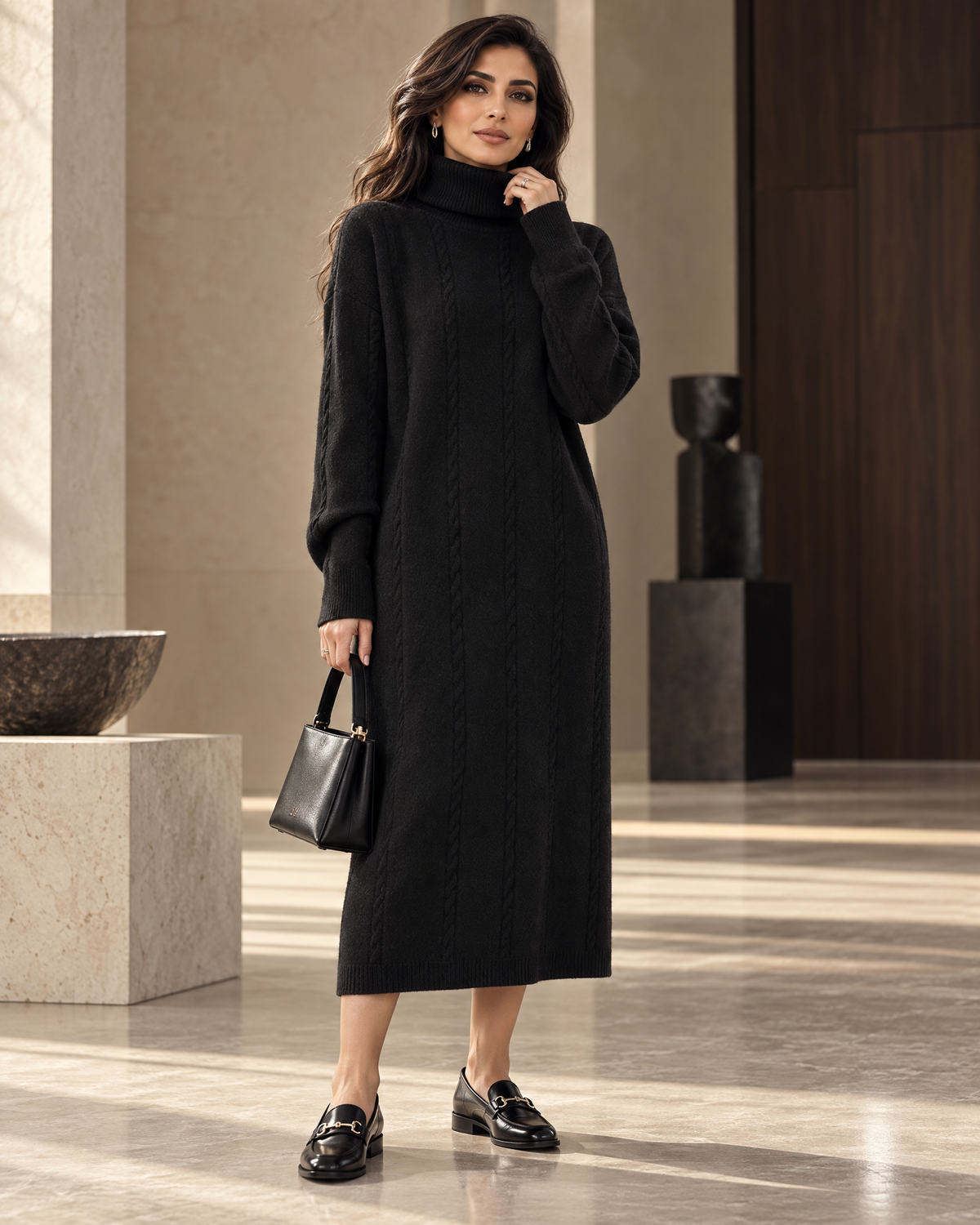 Robe pull col montant noire en tricot, portée avec sac à main, vue de face