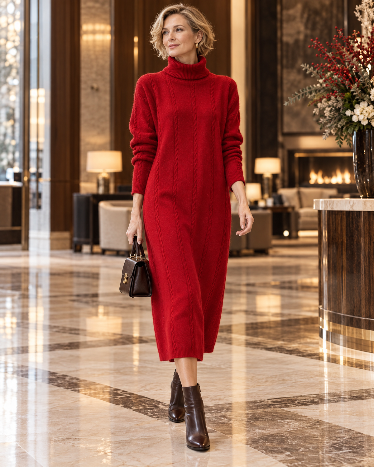 Robe pull col montant rouge en tricot, portée en marchant, vue de face