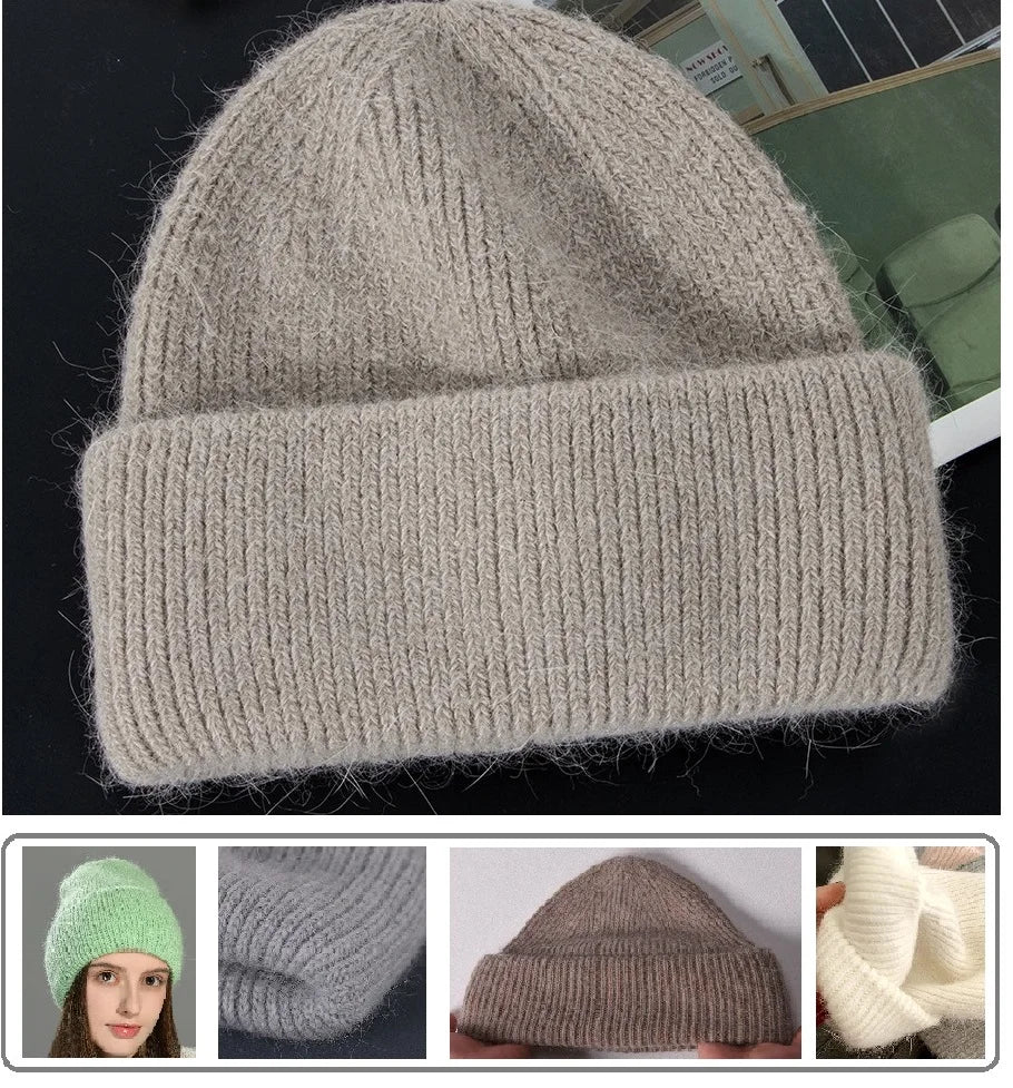 Montage : bonnet gris présenté seul, avec vignettes montrant un modèle portant un bonnet vert, la maille grise, un bonnet brun et la maille blanche