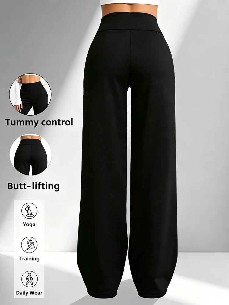 Pantalon de yoga noir taille haute jambe droite, vue de dos