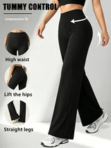 Pantalon de yoga noir taille haute jambe droite, porté, vue de face