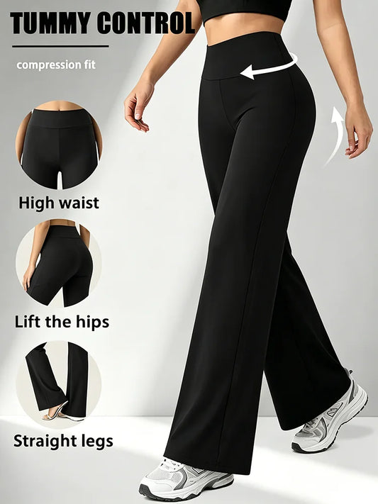 Pantalon de yoga noir taille haute jambe droite, porté, vue de face