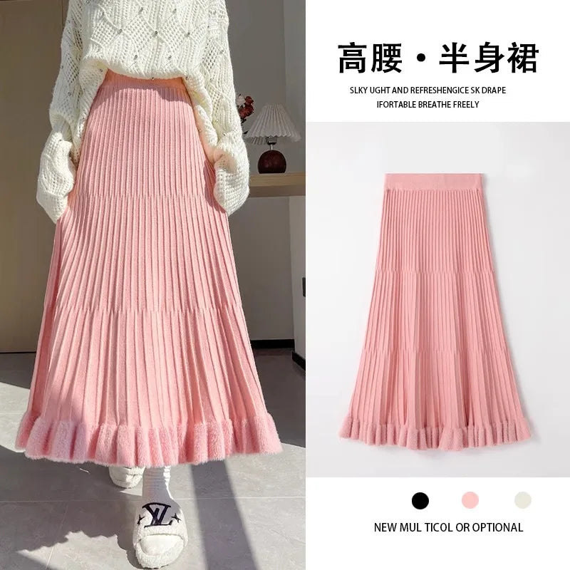 Jupe évasée en maille rose plissée, portée et photo du produit