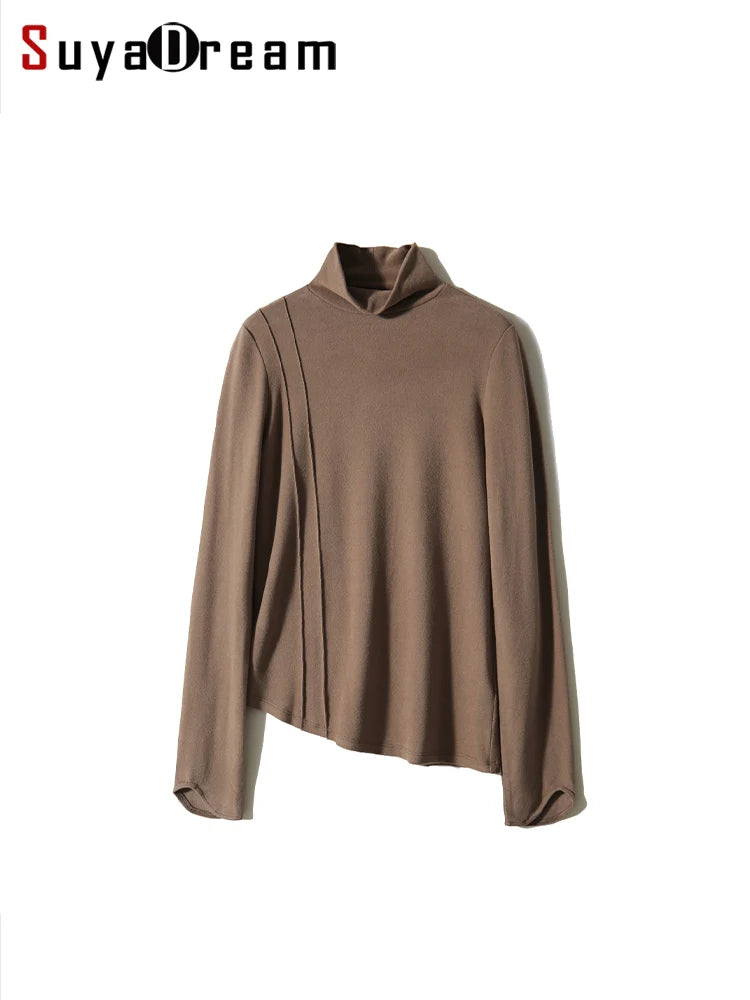 T-shirt thermique col montant caramel, à plat, vue de face