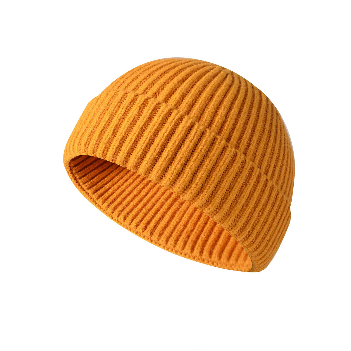 Bonnet tricoté côtelé jaune moutarde, vue de face