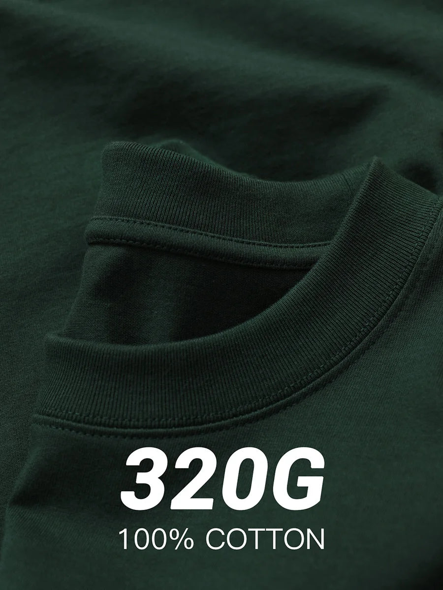 T-shirt vert forêt heavyweight en coton 320 g/m², détail du col