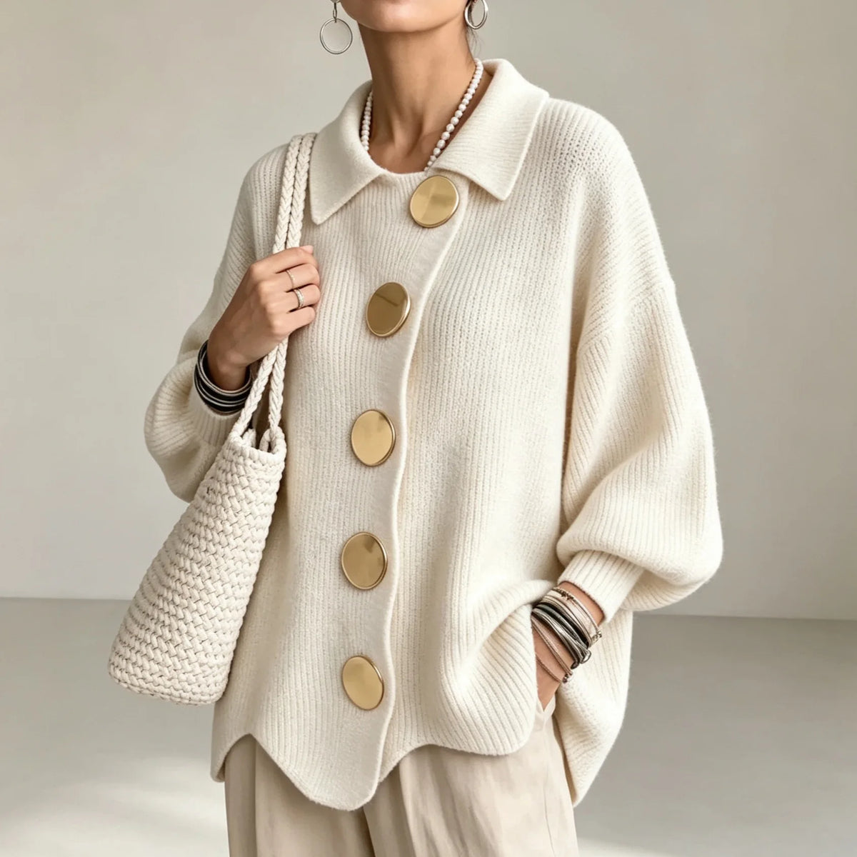 Cardigan en maille blanc à gros boutons, porté, vue de face rapprochée