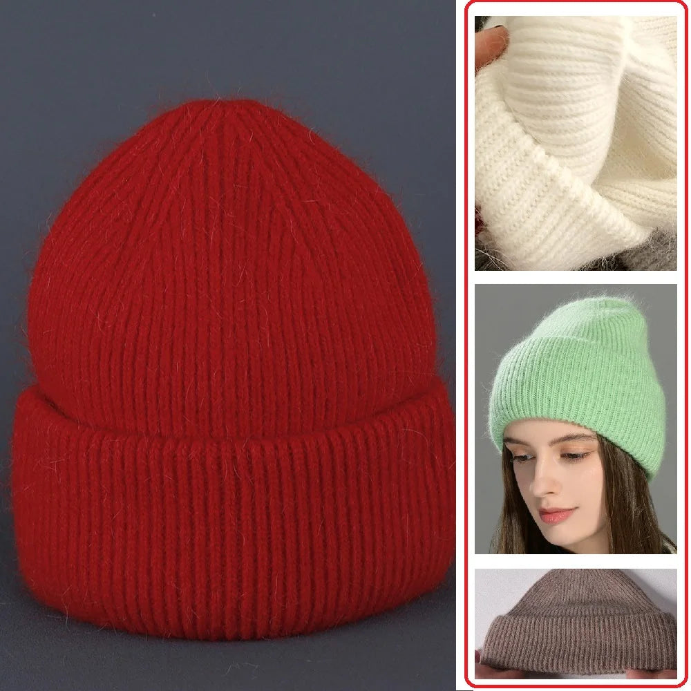 Montage : bonnet rouge présenté seul, gros plan sur la maille blanche, modèle portant un bonnet vert et bonnet brun vu de profil