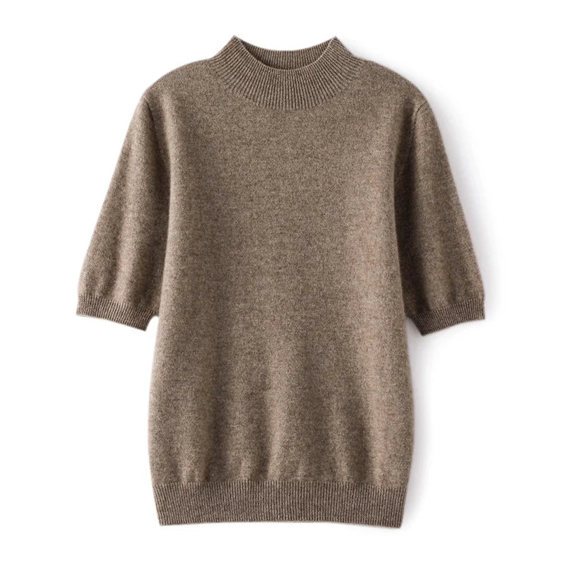Pull en cachemire gris foncé à col mi-montant, à plat, vue de face
