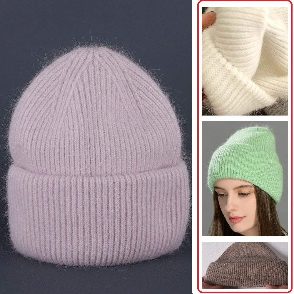 Montage : bonnet rose pâle présenté seul, gros plan sur la maille blanche, modèle portant un bonnet vert et bonnet brun vu de profil
