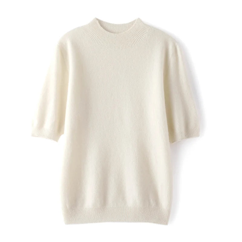 Pull en cachemire blanc à col mi-montant, à plat, vue de face