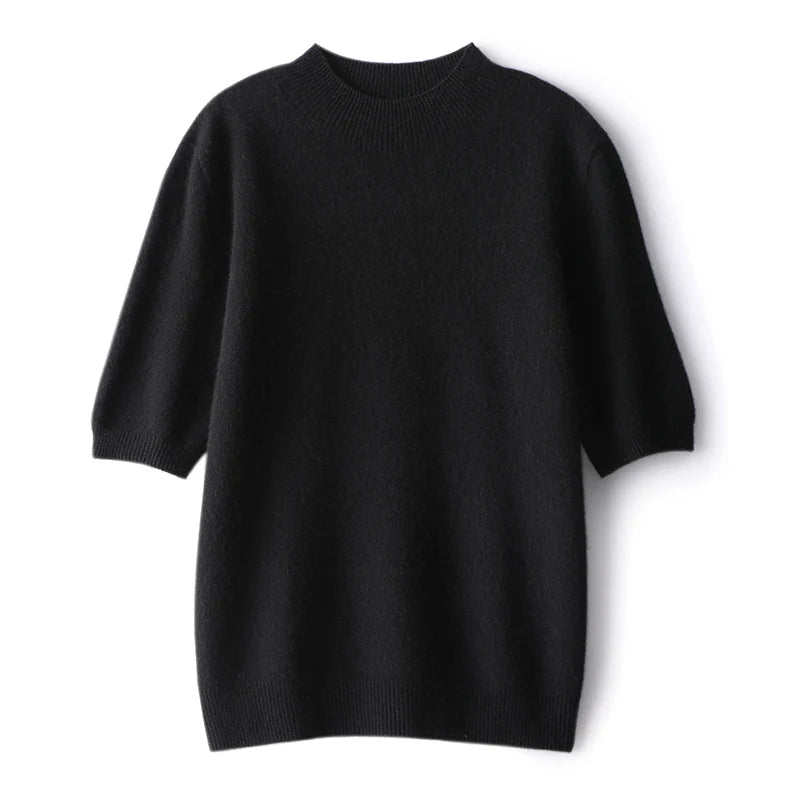 Pull en cachemire noir à col mi-montant, à plat, vue de face