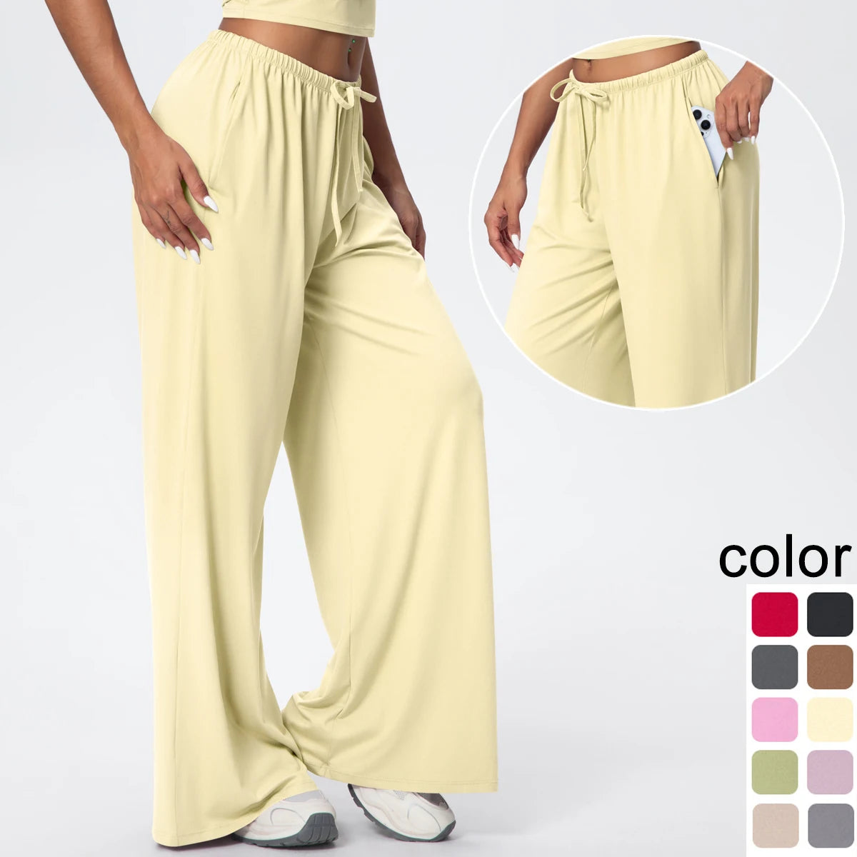 Pantalon de yoga taille haute jaune clair, jambe large à poches, porté, vue de face