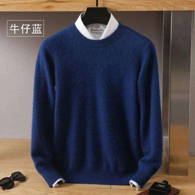 Pull en tricot bleu denim à col rond, sur cintre, vue de face