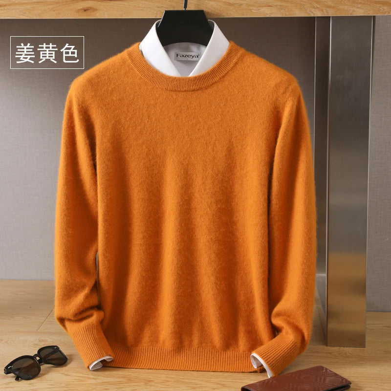 Pull en tricot jaune gingembre à col rond, sur cintre, vue de face