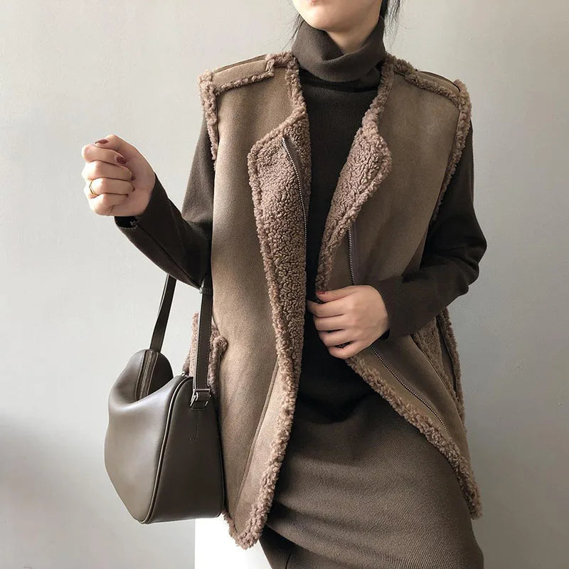 Veste sans manches matelassée café à doublure sherpa, portée, vue de trois quarts