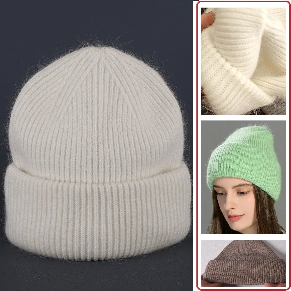Montage : bonnet blanc présenté seul, gros plan sur la maille, modèle portant un bonnet vert et bonnet brun vu de profil