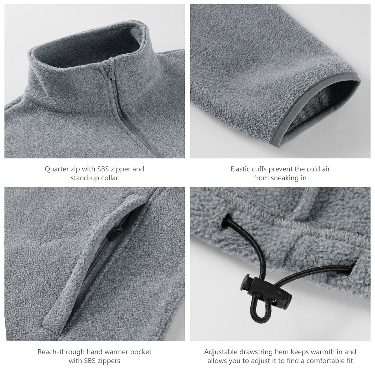 Détails de la polaire à col zippé – fermeture, poignet et cordon de serrage