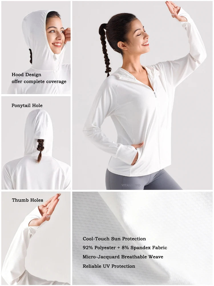 Veste anti-UV blanche à capuche UPF 50+, détails des caractéristiques